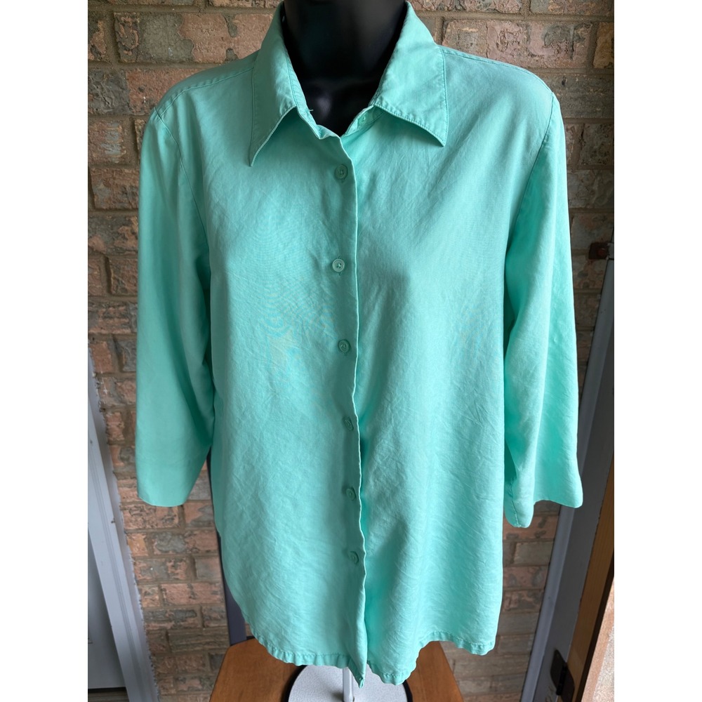 WinterSilks Womens Mint Green 100% Silk Button Down Blouse 3/4 Sleeve Size M